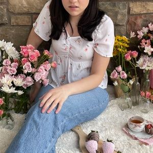 White Flowy Short Sleeved Pink Floral Blouse S